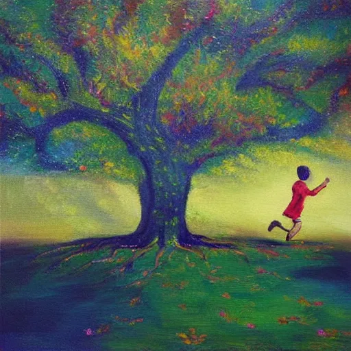 Prompt: “a boy running by a magic tree oil panting”