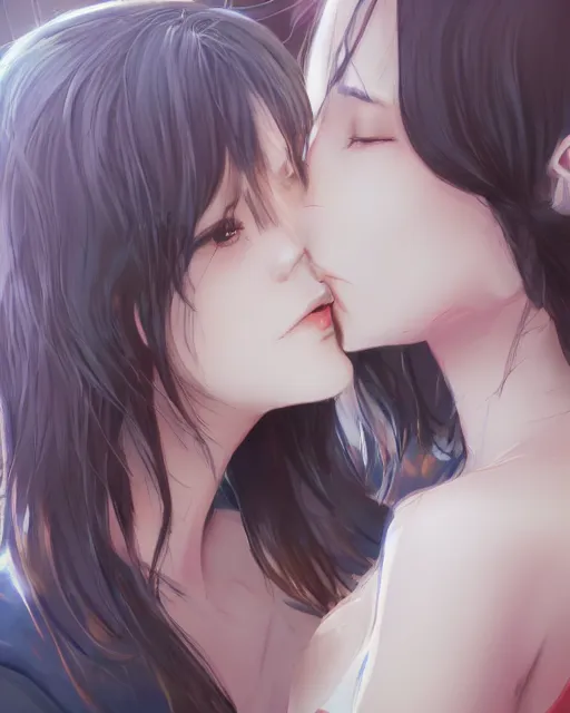 Image similar to portrait of a girl kissing another girl on the neck, anime, trending on Artstation