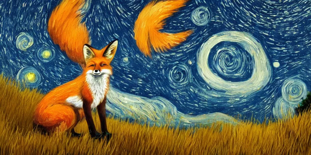 Prompt: a painting of a fox looking up at the stars in the style of Starry Night, highly detailed, trending on artstation