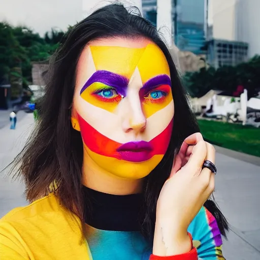 Prompt: a photo of a person wearing colorful geometric makeup