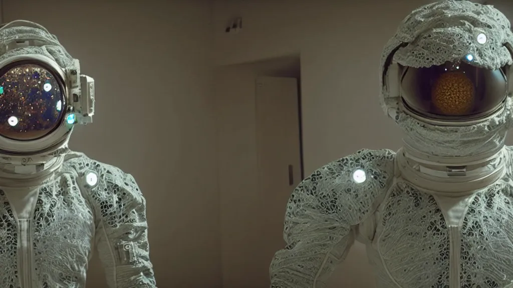 Image similar to a astronaut eva suit covered in diamond 3d fractal lace iridescent bubble 3d skin and covered with insectoid compound eye camera lenses floats through the living room, film still from the movie directed by Denis Villeneuve with art direction by Salvador Dalí, wide lens,