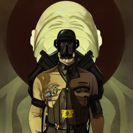 Image similar to portrait of rubbery, gaunt albino mutant with moist skin, sharp features, large lips, huge black eyes and determined expression, wearing fascist Byzantine police uniform and standing on Dune docks, science fiction concept art by Anato Finnstark, Alphonse Mucha, and Greg Rutkowski