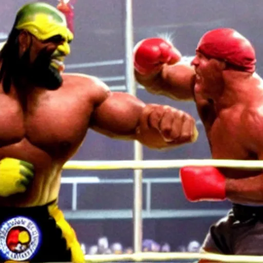 Prompt: wrestlemania dwarf mr t punching hulk hogan