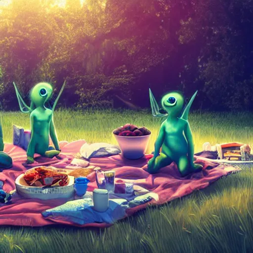 Prompt: having a picnic with my alien family, trending on artstation, stock photo, 4 k photorealism, 4 k quality