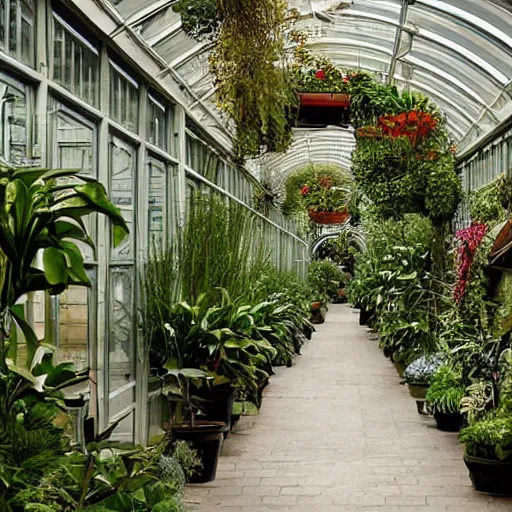 Image similar to victorian greenhouse corridor decorated with potted plants, hyper realism