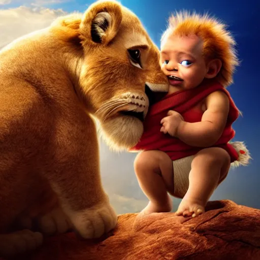 Image similar to eccio auditore holding baby simba as in the lion king