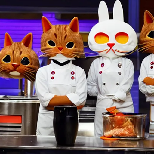 Prompt: anthropomorphic cats competing at masterchef TV show, studio shot