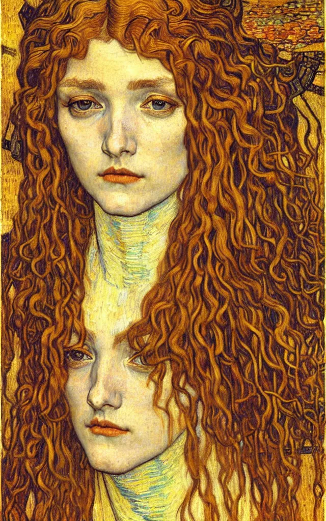 Image similar to detailed realistic beautiful young medieval queen face portrait by jean delville, gustav klimt and vincent van gogh, art nouveau, symbolist, visionary, gothic, pre - raphaelite, muted earthy colors, desaturated