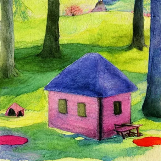 Image similar to small wooden house in the middle of spring forest, bright colours, watercolor, volumetric wool felting, macro photography, children illustration, by edward hopper