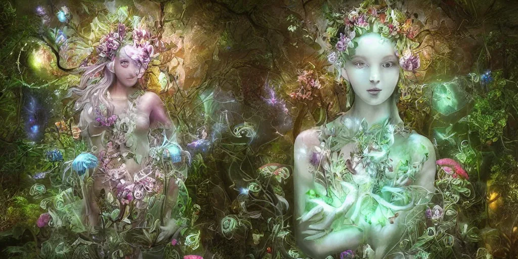 Image similar to glowing delicate flower and mushrooms that grow in a dark fatansy forest on the planet Pandora, an idealistic marble statue with fractal flowery hair in a fractal garden, symmetrical,