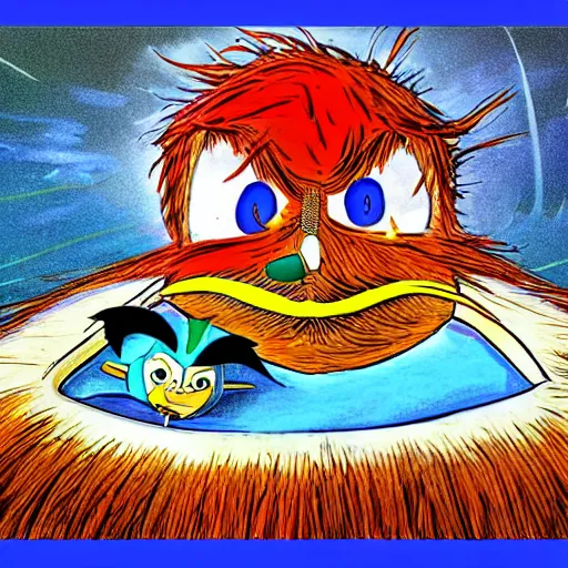 Image similar to dr. robotnik pins down the lorax on a blue bed, the lorax looks back up at him longingly, ms paint drawing, digital art