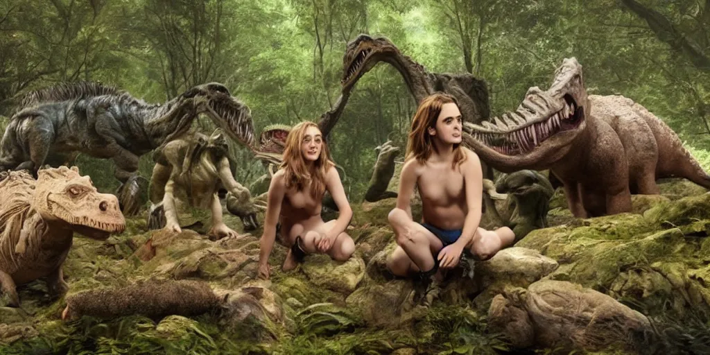 Prompt: photo, three hairy fat cave people, emma!! watson!!, looking at camera, surrounded by dinosaurs!, gigantic forest trees, sitting on rocks, bright moon, birthday cake on the ground, front view