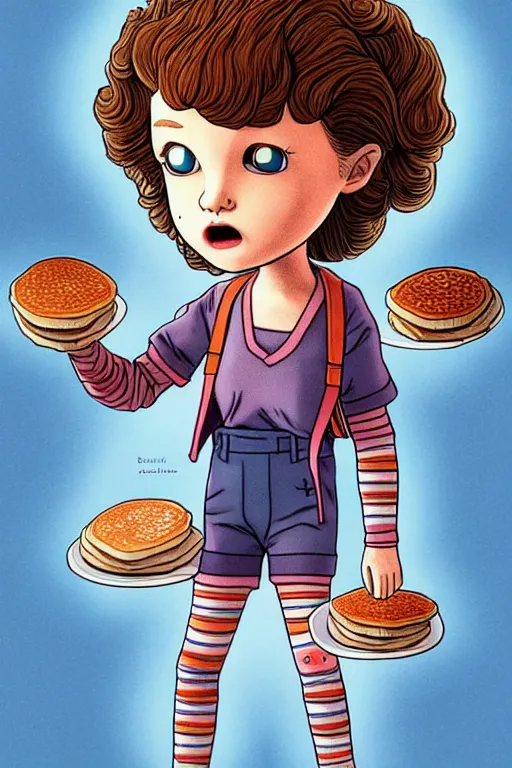 Image similar to eleven from stranger things making pancakes, animation pixar style, by pendleton ward, magali villeneuve, artgerm, rob rey and kentaro miura style, golden ratio, trending on art station