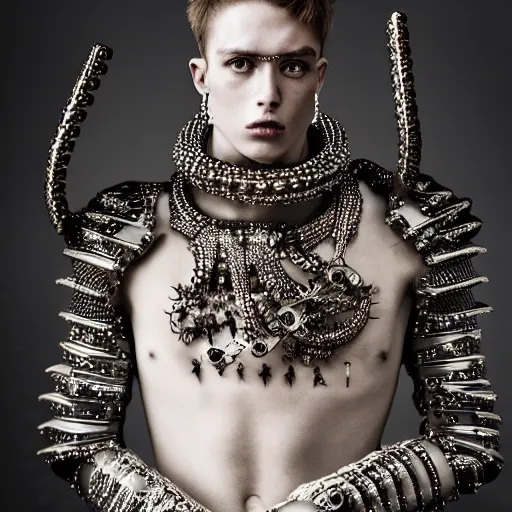 Image similar to a portrait of a beautiful young male wearing an alexander mcqueen armor made of piercings, photographed by andrew thomas huang, artistic