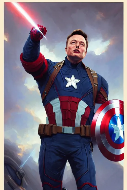 Image similar to elon musk as captain america, marvel character, portrait, highly detailed, digital painting, artstation, concept art, smooth, sharp focus, illustration, cinematic lighting, art by artgerm and greg rutkowski and alphonse mucha