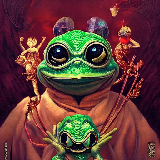 Image similar to plasticine wet shiny angles, crystal, moonlit, mirrors, camera angled dramatically, realistic hyperdetailed design of pepe the frog meme, ferocious, chinese mythology, victo nga, fumo yoshitoshi, ren jing jeong, feifei ruan, peter mohrbacher, takato yamamoto