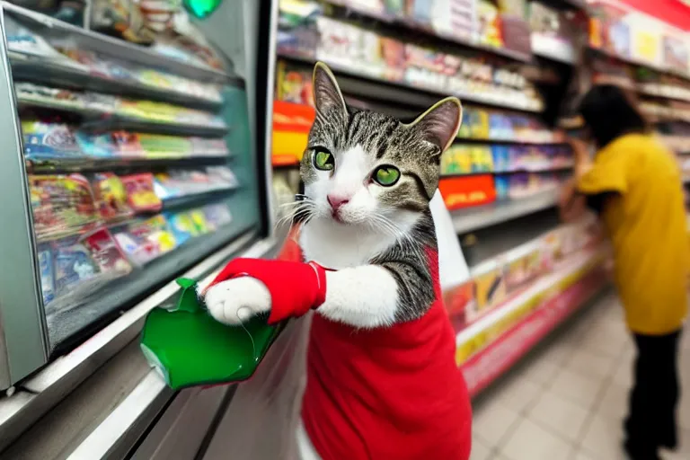 Prompt: cat smoking a cigarette in 7 - eleven