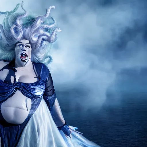 Image similar to Trump as Ursula the sea witch, 8k, professional photography, cinematic studio shot, dark, smoke