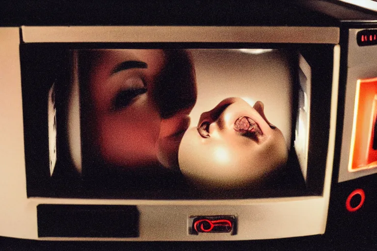 Image similar to beautiful woman robot sticking her head inside of a toy oven, from 1985, bathed in the glow of a crt television, crt screens in background, low-light photograph, in style of jack bridgeland