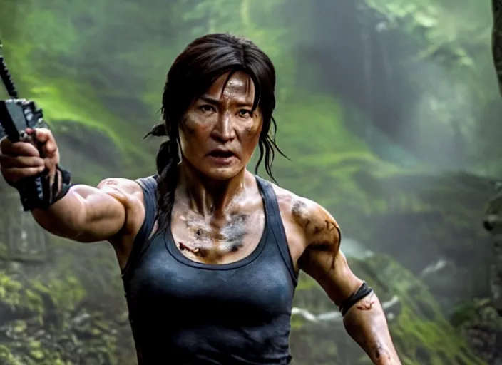 Image similar to film still of!!!! jackie chan jackie chan jackie chan!!! as lara croft in new tomb raider movie, 8 k