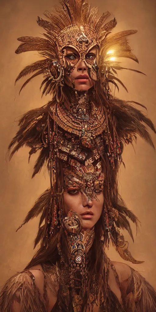 Prompt: a Photorealistic dramatic fantasy render of a beautiful woman wearing a beautiful intricately detailed Aztec Insect shaman mask and costume by WLOP,Artgerm,Greg Rutkowski,Alphonse Mucha, Beautiful dynamic dramatic dark moody lighting,shadows,cinematic atmosphere,Artstation,concept design art,Octane render,8K W 768