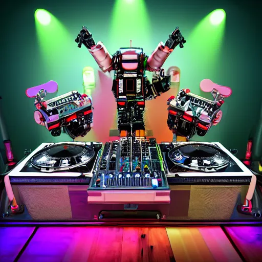 Image similar to album art, roborock, 3 steampunk spaced out robots on a dj desk with a cd mixer, 8 k, flourescent colors, halluzinogenic, multicolored, exaggerated detailed, front shot, 3 d render, octane