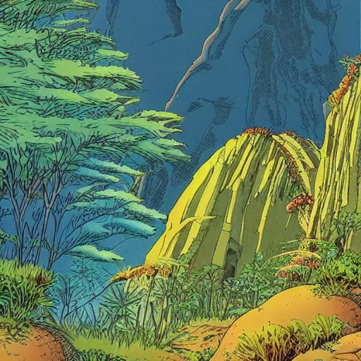 Image similar to illustration of a lush natural scene on an alien planet by moebius. detailed. beautiful landscape. colourful weird vegetation. cliffs and water.