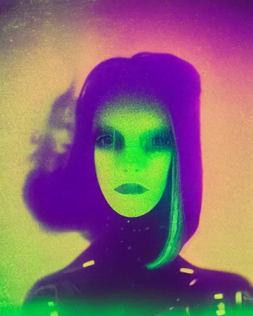 Image similar to featureless serene robotic woman's face, long metallic hair, dark makeup, violet and yellow and green and blue lighting, polaroid photo, 1 9 8 0 s cgi, atmospheric, whimsical and psychedelic, grainy, expired film, super glitched, corrupted file, ghostly, bioluminescent glow, sci - fi