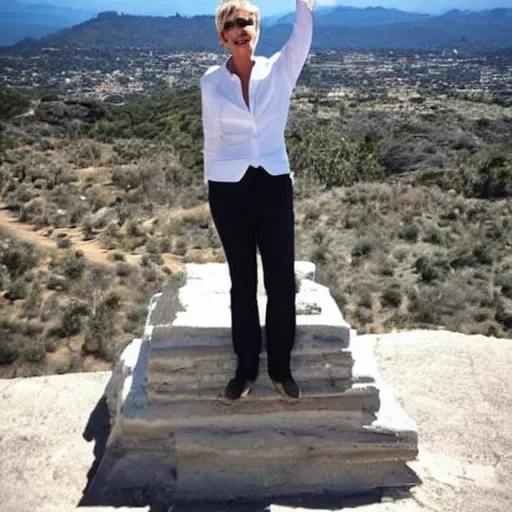 Prompt: Ellen Degeneres standing on top of a pyramid-n 4