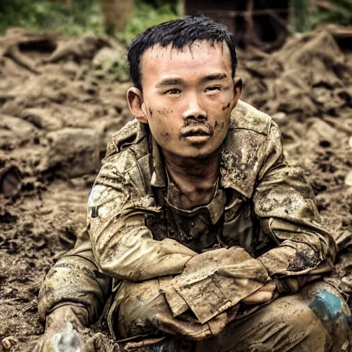 Image similar to super mario in vietnam war trenches, dirty, muddy, violent, sharp focus, hyper realistic, sony 5 0 mm lens