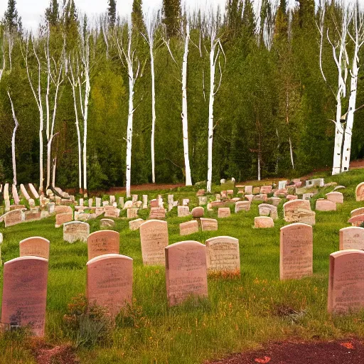 Image similar to landscape of Aspen Cemetery with a small orangish colored gnome who is cute and childlike with a hat and tabard leaning against a tombstones, fantasy, faerie, spirit, whimsical