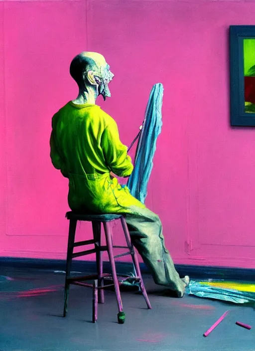 Prompt: an insane, skinny, artist wearing overalls, painting the walls inside a grand messy studio, hauntingly surreal, highly detailed painting by francis bacon, edward hopper, adrian ghenie, gerhard richter, and james jean, soft light 4 k in pink, green and blue colour palette