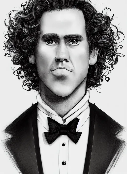 Prompt: illustration drawing of a mid range curly orange hair man with tuxedo as a portrait, masterpiece artwork, ultra detailed, artgerm, style by pixar, digital art, trending on artstation, behance, deviantart