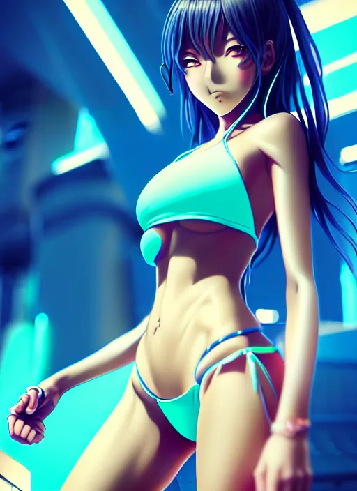 Prompt: anime girl in bikini, hero human structure insects concept art, full body, intricate detail, art and illustration by kim hyung tae and irakli nadar and alexandre ferra, global illumination, action pose at tokyo cyberpunk neon light night