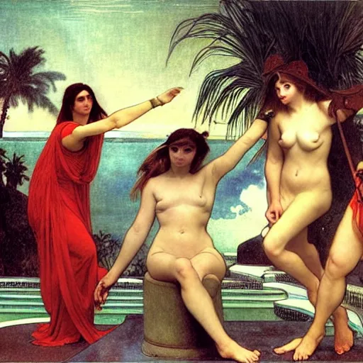 Image similar to Demon girls at the giant column, thunderstorm, greek pool, beach and palm trees on the background major arcana sky, by paul delaroche, alphonse mucha and arnold böcklin arnold böcklin hyperrealistic 8k, very detailed