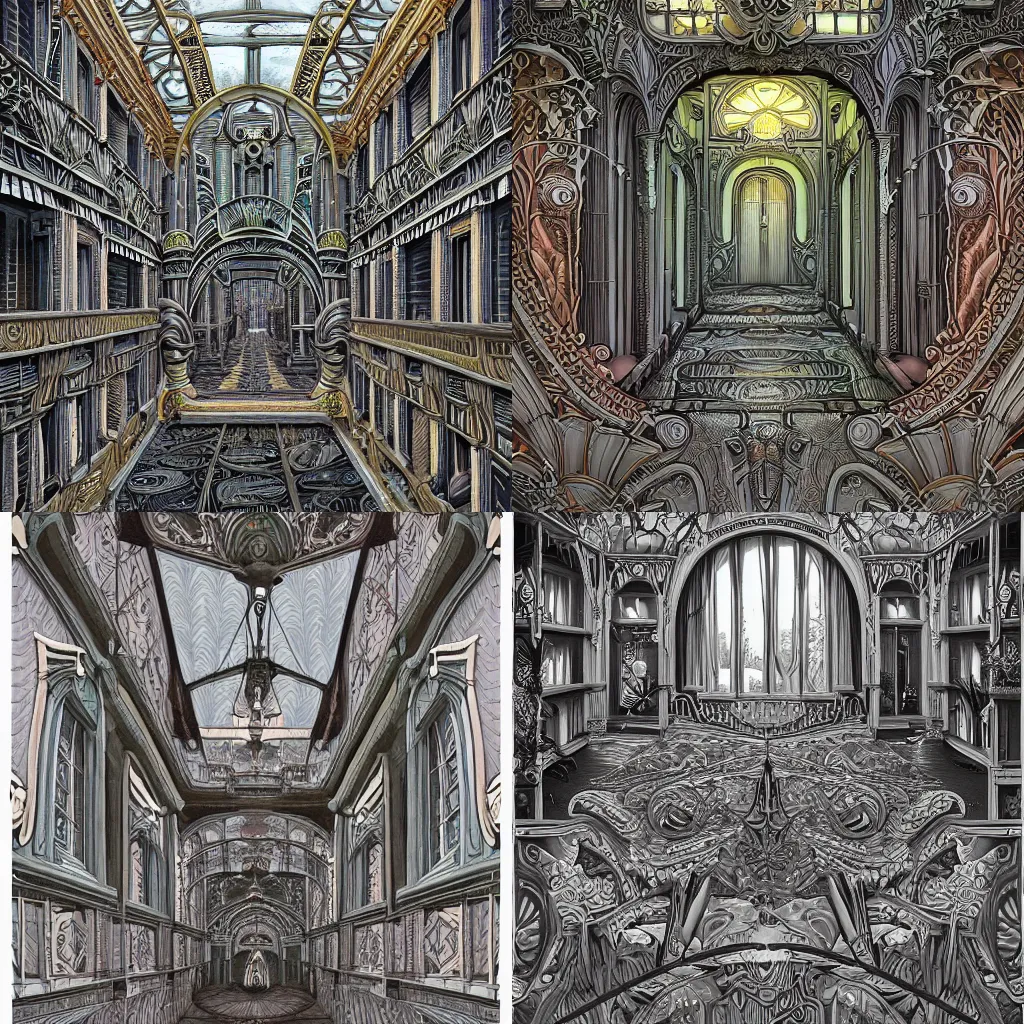 Prompt: victorian 🏨 death ornate amazon rain forest trompe l'oeil, pastiche by Dan Mumford, pastiche by Michael Whelan, Precise and Intricate Linework, Art Nouveau Cosmic 4k spray painted graffiti criterion collection ,CGSociety, Vermilion and Gray color scheme