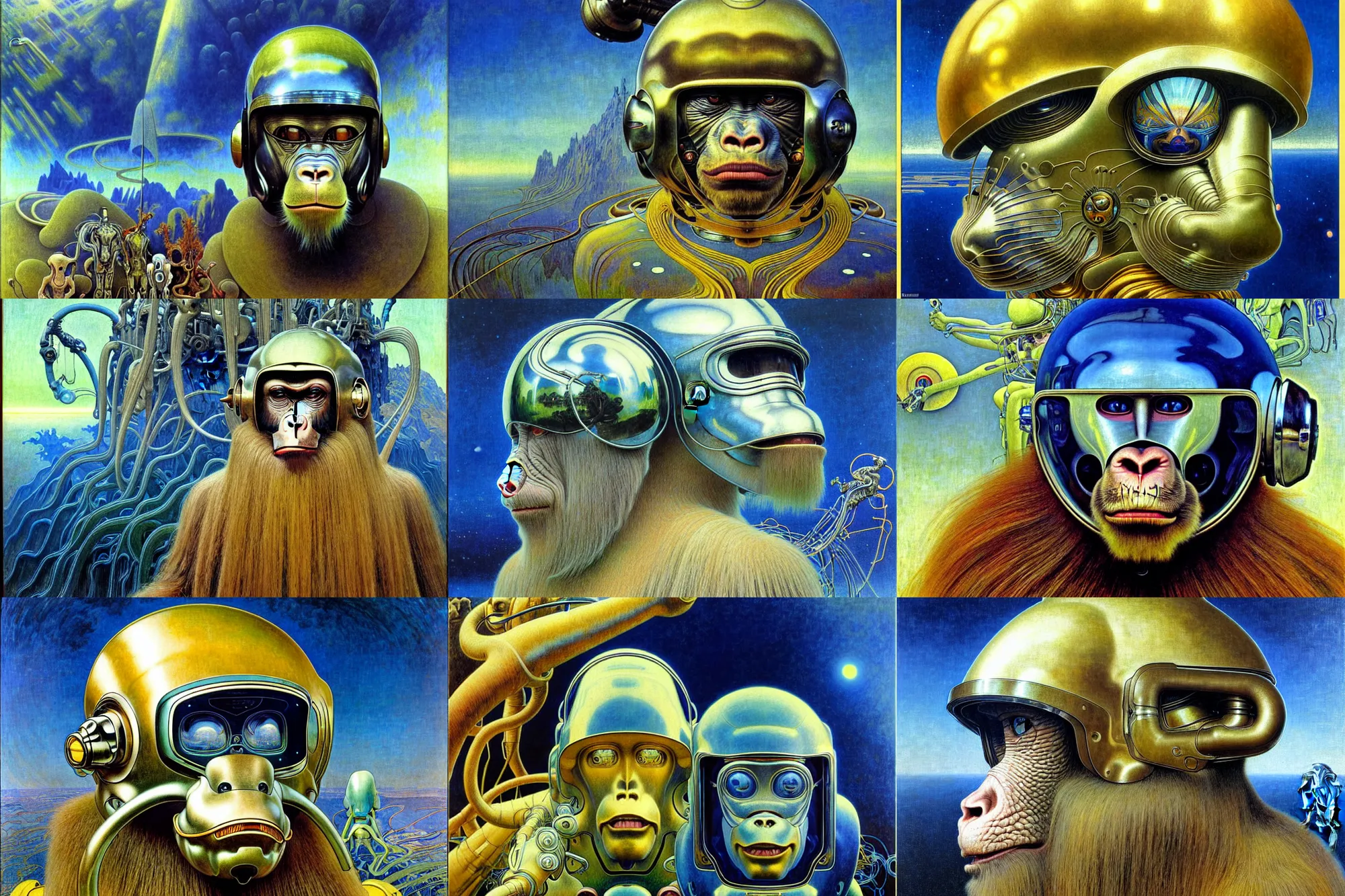 Prompt: realistic extremely detailed portrait painting of a wise ape wearing sci-fi helmet, futuristic sci-fi landscape on background by Jean Delville, Amano, Yves Tanguy, Alphonse Mucha, Ernst Haeckel, Edward Robert Hughes, Roger Dean, rich moody colours, blue eyes