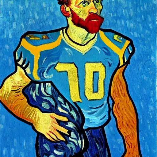 Image similar to A van Gogh style painting of an American football player