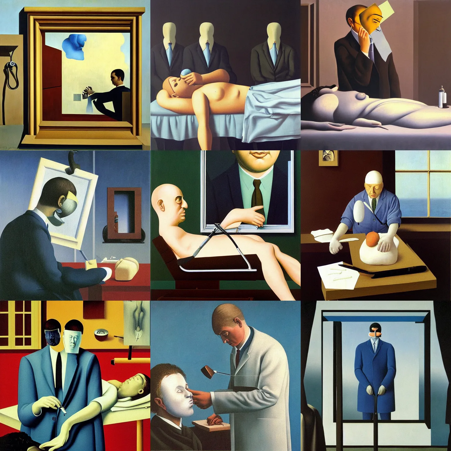 Prompt: a surreal painting of a doctor performing surgery by magritte, oil on canvas