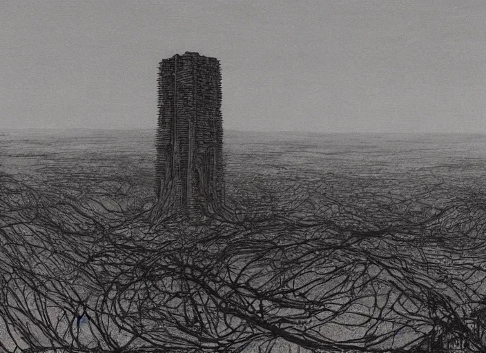 Prompt: a desolate landscape with a lonely looming brutalist tower in the center, drawn by tsutomu nihei and painted by zdzislaw beksinski