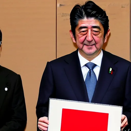 Image similar to shinzo abe holding a statistical graph of the japanese birth rate climbing up