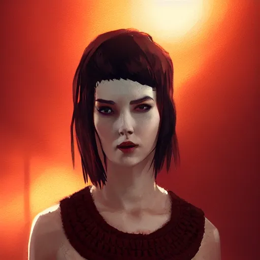 Image similar to A caucasian woman with red and black ombre hair wearing a crocheted crop-top, illustrated by Greg Rutkowski, in the style of Life is Strange, photorealistic portrait, trending on artstation, artstationHQ, artstationHD, dappled lighting,