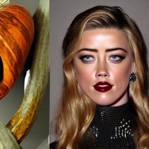 Image similar to a [ gourd ] carved shaped to look like ( amber heard face ) hybrid intercross