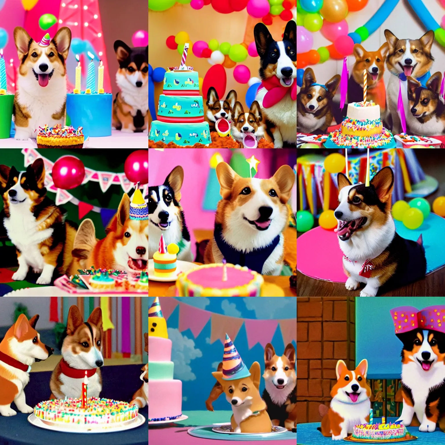 Prompt: film still of corgis at a birthday party, in front of a colorful birthday cake, by studio ghibli, festive, classy