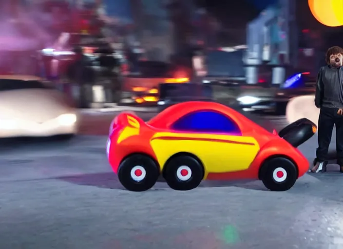 Image similar to peter dinklage driving a little tikes car at night, movie still, from the new fast and furious movie, 8 k, realistic