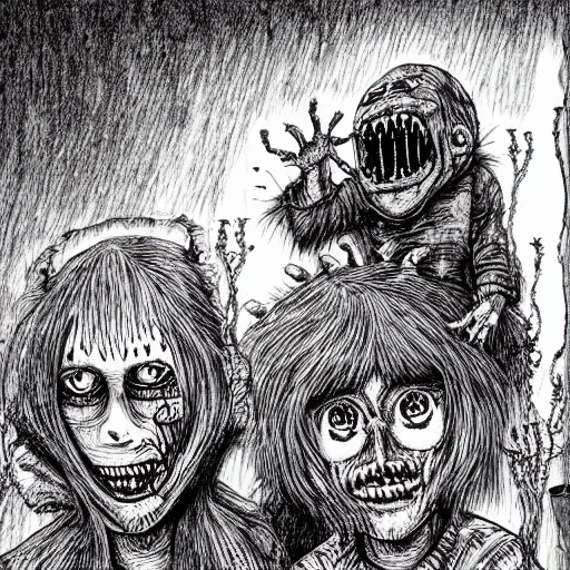 Image similar to monster lurking behind a happy family by junji ito, color, highly detailed, detailed, intricate, scary, horror, eerie, nightmares, dark, dramatic, 8 k