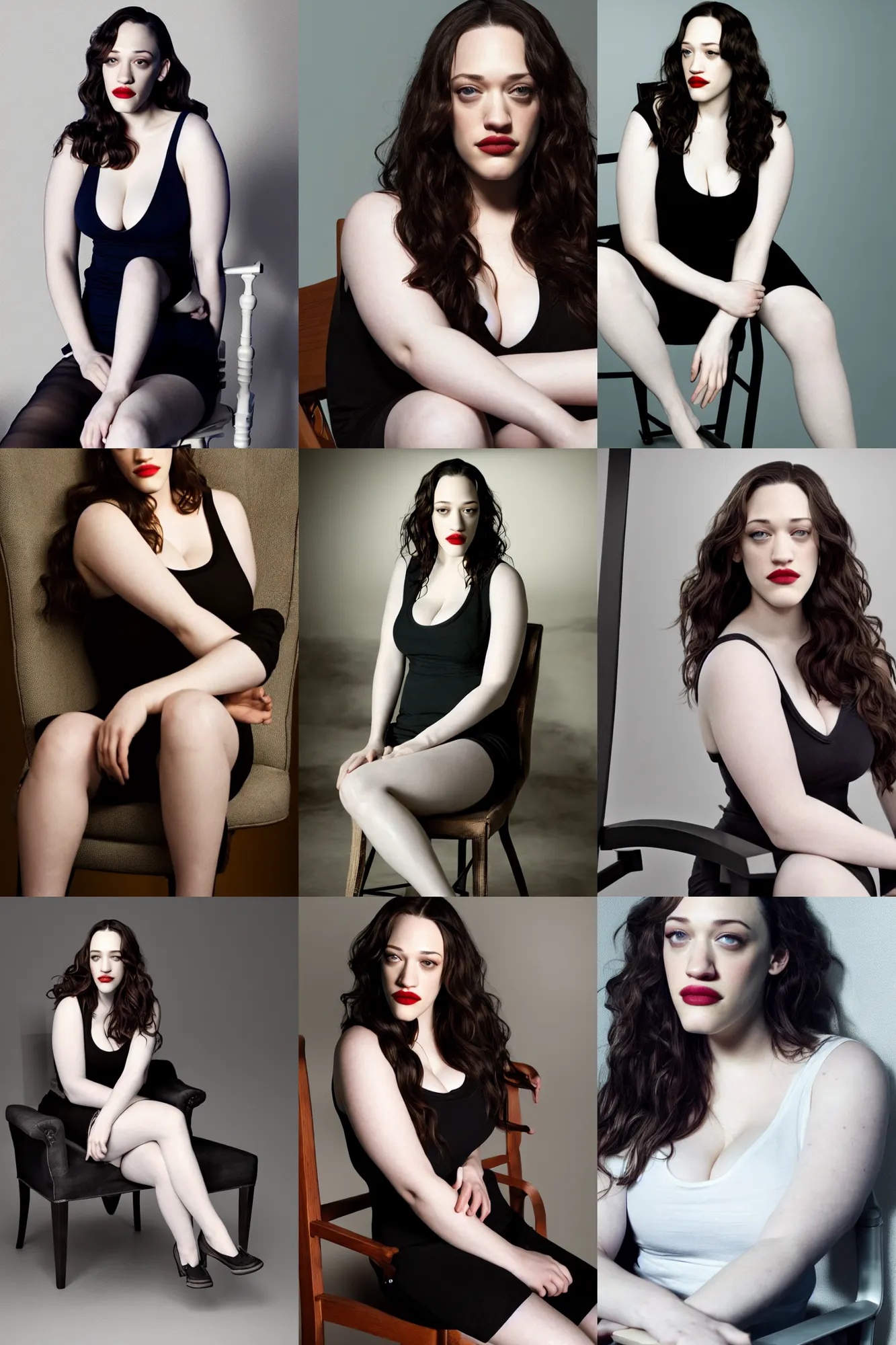 Prompt: Kat Dennings in a low-cut tanktop sitting on a chair, professional photoshooting, highly detailed and hyperrealistic, octane render, 4k, volumetric lighting, stunning sight