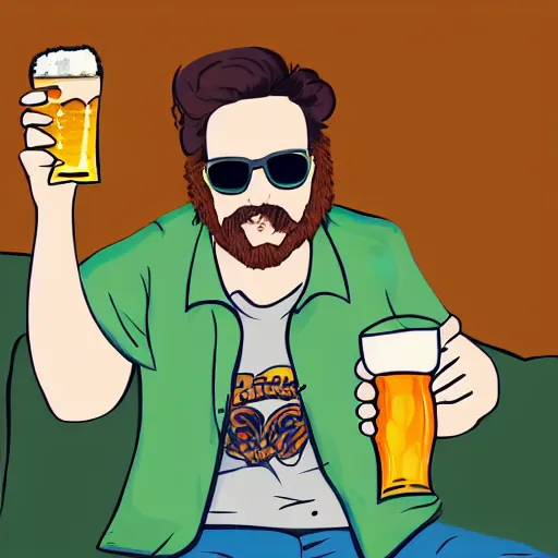 Image similar to stay at home dad with an open hawaiian shirt holding a beer, man on couch, living room, lazy, man drinking beer, hawaiian t - shirt, couch bum, house, illustration, artstation award, colorful, painting, sketch, ultra - realistic, from above, angle