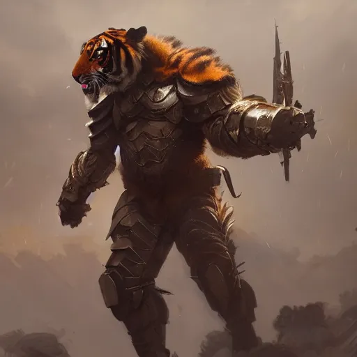 Prompt: commission portrait of a male anthro tiger wearing heavy combat armour.dramatic,character design by charles bowater,greg rutkowski,ross tran,hyperdetailed,hyperrealistic,4k,deviantart,artstation,professional photography,concept art