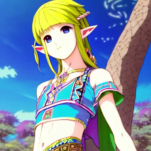 Image similar to a beautiful young feminine link from botw gravure model, wearing japanese mayan street fashion school girl outfit with mayan pattern and native style, aztec street fashion, jrpg, perfect anime face, gapmoe yandere grimdark, trending on pixiv fanbox, painted by greg rutkowski makoto shinkai takashi takeuchi studio ghibli, akihiko yoshida